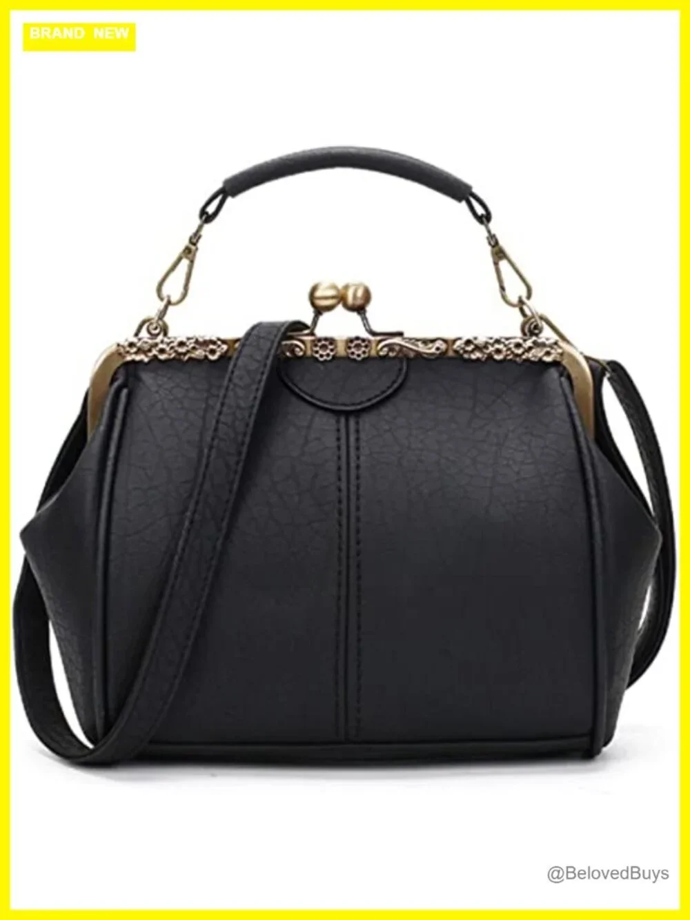Vintage Hollow Faux Leather Shoulder Bag Kiss Lock Closure Crossbody Purse